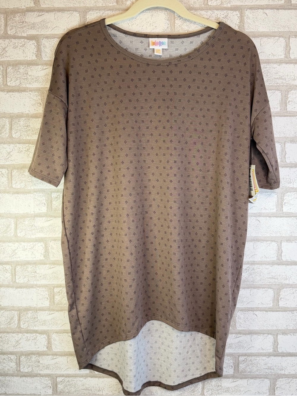 LuLaRoe Irma Brown Geometric Print High Low Tunic Top Short Sleeve XXS NWT Tee